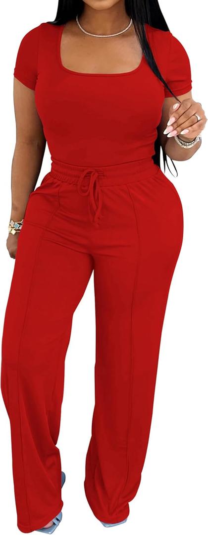 PINSV Women's 2 Piece Outfits Lounge Short Sleeve Tops High Waisted Wide Leg Pants Tracksuit Sets (X-Large, Red)