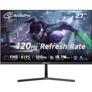 ArcticPro 27 inch Monitor 120Hz, FHD 1080p, Computer Monitor, IPS, 99% sRGB, 1ms Response Time, 3-Sided Frameless, Ultra Slim, VESA Mountable, Anti-Blue Light Design, HDMI & VGA Ports,Black