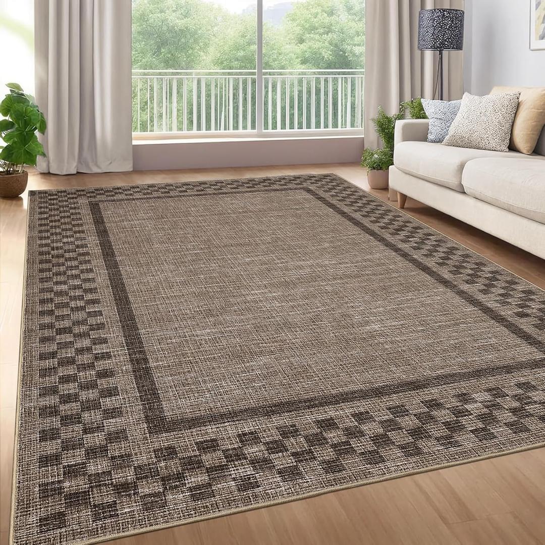 GarveeHome Washable Area Rugs 8x10 Non Slip Soft Large Living Room Rug Modern Checkered Bedroom Rug Soft Geometric Bordered Throw Carpet for Dining Room Home Decor Office Nursery, Brown