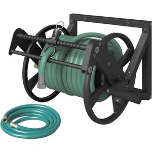 Artigarden Wall Mounted Reciprocating Garden Hose Reel with Hose Guide, Outdoor Heavy Duty Metal Water Hose Holder Storage Rack Holds 125ft of 5/8'' Hose with Brass Fitting & 3.9ft Leader Hose, Black