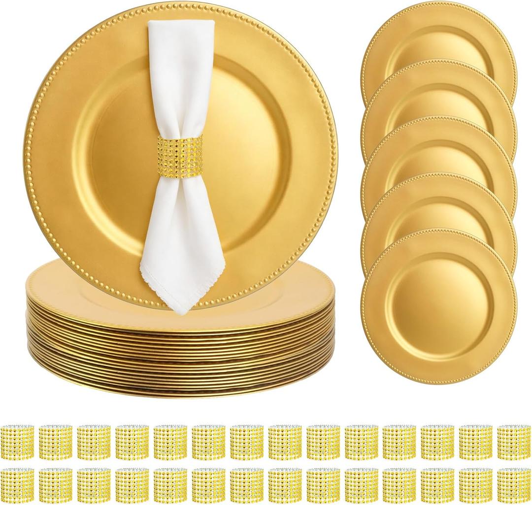 110 Pcs Charger Plates 13'' Round Dinner Plate Chargers Set Include 55 Napkin Rings 55 Plastic Beaded Plate Chargers for Wedding Party Table Setting(Gold)