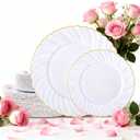 U-QE 60 Pcs White Plastic Plates with Gold Rim Fancy Scalloped Plates Disposable - Premium Hard Plastic Plates Include 30 10" Dinner & 30 7" Dessert Plate for Party & Mother's Day