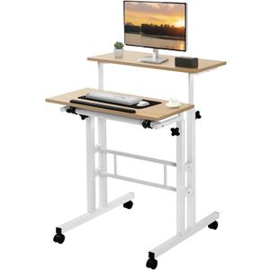 VECELO Small Mobile Standing Desk 24 Inch, Adjustable Height Portable Stand Up Desk with Wheels Computer Workstations, Rolling Laptop Cart, Oak (2 Separate Panel)