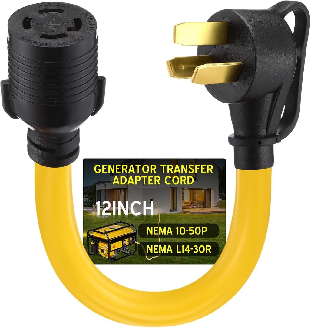 Tellegloww NEMA 10-50P to L14-30R 30 Amp Generator Transfer Switch Adapter Cord, 50Amp 3 Prong Old Dryer Outlet to 4 Prong Generator Locking Plug Adapter, STW 10 AWG, 1FT, ETL Listed