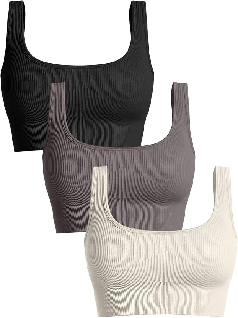 OQQ Women's 3 Piece Medium Support Tank Top Ribbed Seamless Removable Cups Workout Exercise Sport Bra (Black Tea Leaf Beige)