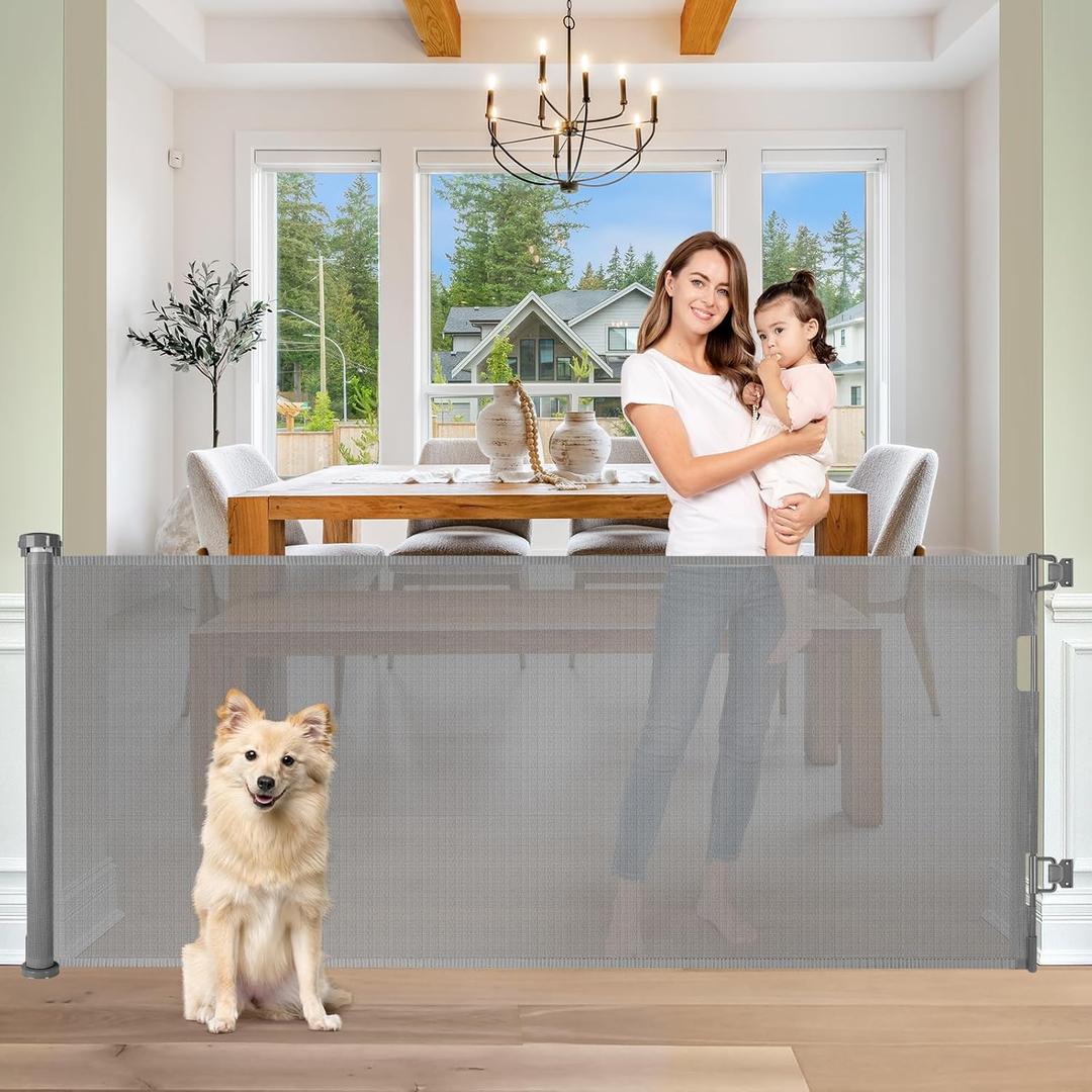 Retractable Baby Gates 65" Wide Baby Gate for Stairs Retractable Dog Gate Indoor Mesh Pet Gate Outdoor Retractable Gate Stair Gates for Kids or Pets Child Gate Dog Gates for Doorways, Decks, Gray ((33" Tall x 65" Wide))