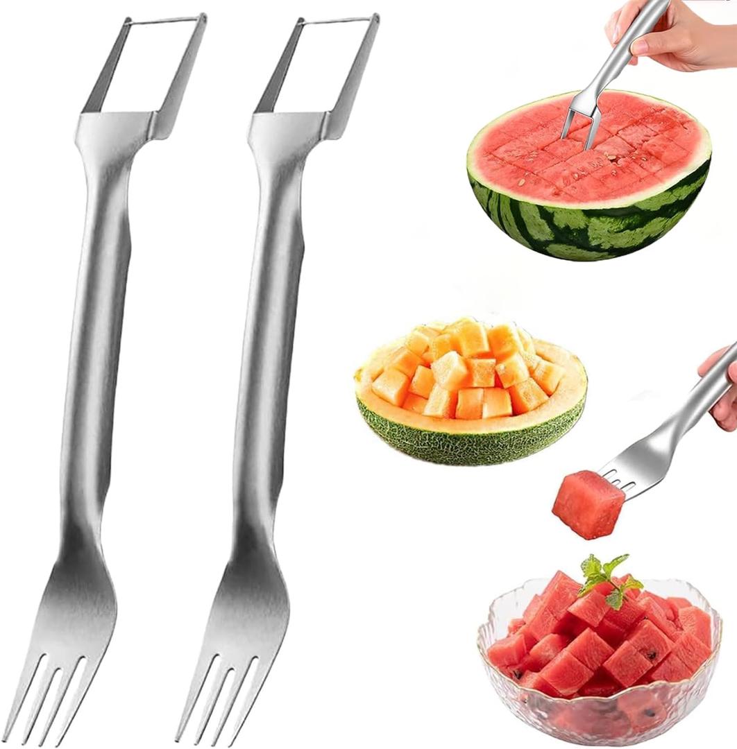 2-in-1 Stainless Steel Fruit Cutter, 2024 New Upgrade Dual Head Watermelon Fork Slicer Cutter Tool, Summer Watermelon Fruit Cutting Home Kitchen Gadgets (2Pcs)