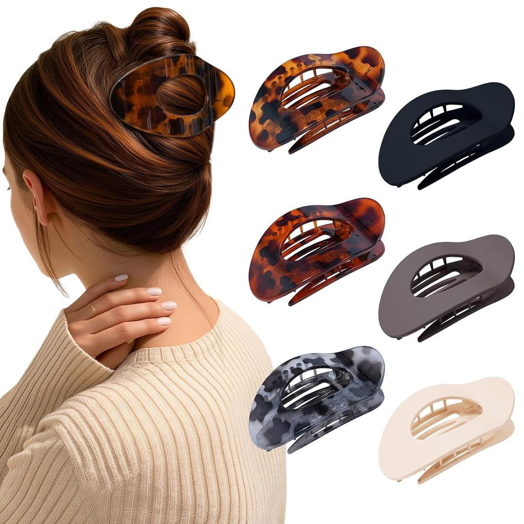 AWAYTR Flat Hair Clips For Women 4.33" Lay Flat Claw Clip for Hair 6Pcs Round Large Hair Claw Clips (Leopard Series + Brown Series)