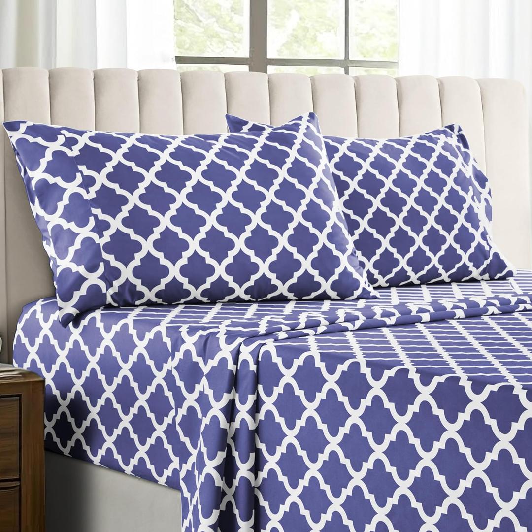 LUX Dcor Quatrefoil Full Sheet Set, 4 Piece Soft Microfiber Wrinkle Free Sheets - Printed Bed Sheets Includes Flat Sheet, Fitted Sheet with Deep Pockets, & 2 Pillowcases - Oeko-TEX, (Navy Blue)