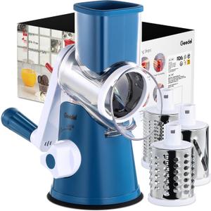 Geedel Rotary Cheese Grater, Kitchen Mandoline Vegetable Slicer with 3 Interchangeable Blades, Easy to Clean Rotary Grater Slicer for Fruit, Vegetables, Nuts (Blue)