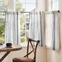 jinchan Boho Kitchen Curtains 36 Inch Linen Tier Curtains with Geometric Pattern Bohemian Cafe Small Light Filtering Window Treatment for Living Room RV Back Tab 2 Panels Blue on Linen, 26"W x 36"L