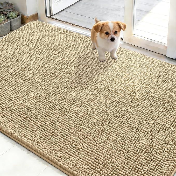 Dog Door Mat for Muddy Paws 48x30, Absorbs Moisture and Dirt, Absorbent Non-Slip Washable Doormat, Quick Dry Chenille Mud Mat for Dogs, Entry Indoor Entryway Carpet for Inside Floor, Beige, Size 24*66 inch