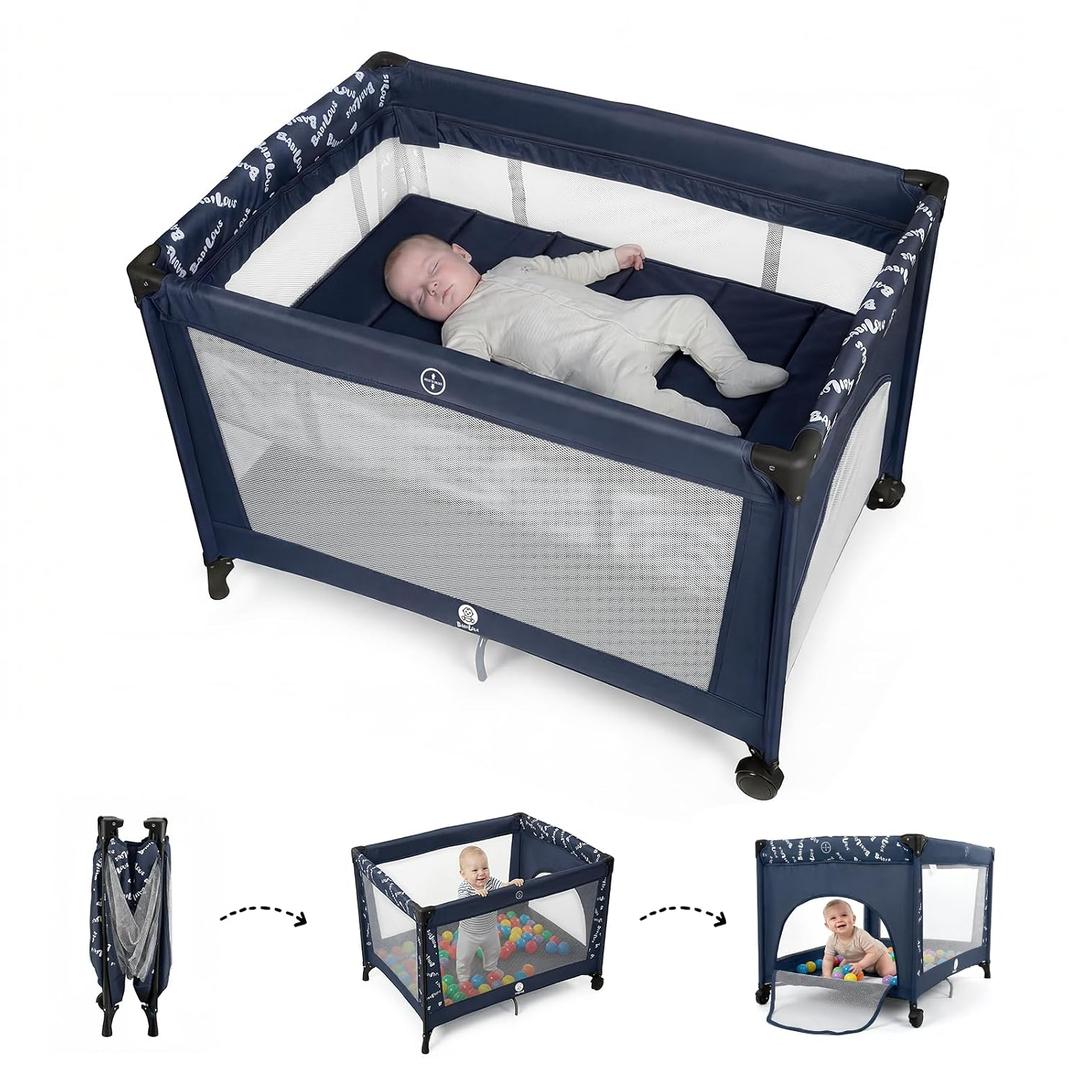 Babilous Pack and Play, Baby Bassinet with Wheels, Foldable Baby Playard for Travel, Easy Carry Bedside Bassinet, Mini Pack n Play with Comfortable Mattress & Compact Space Saving Design, Blue