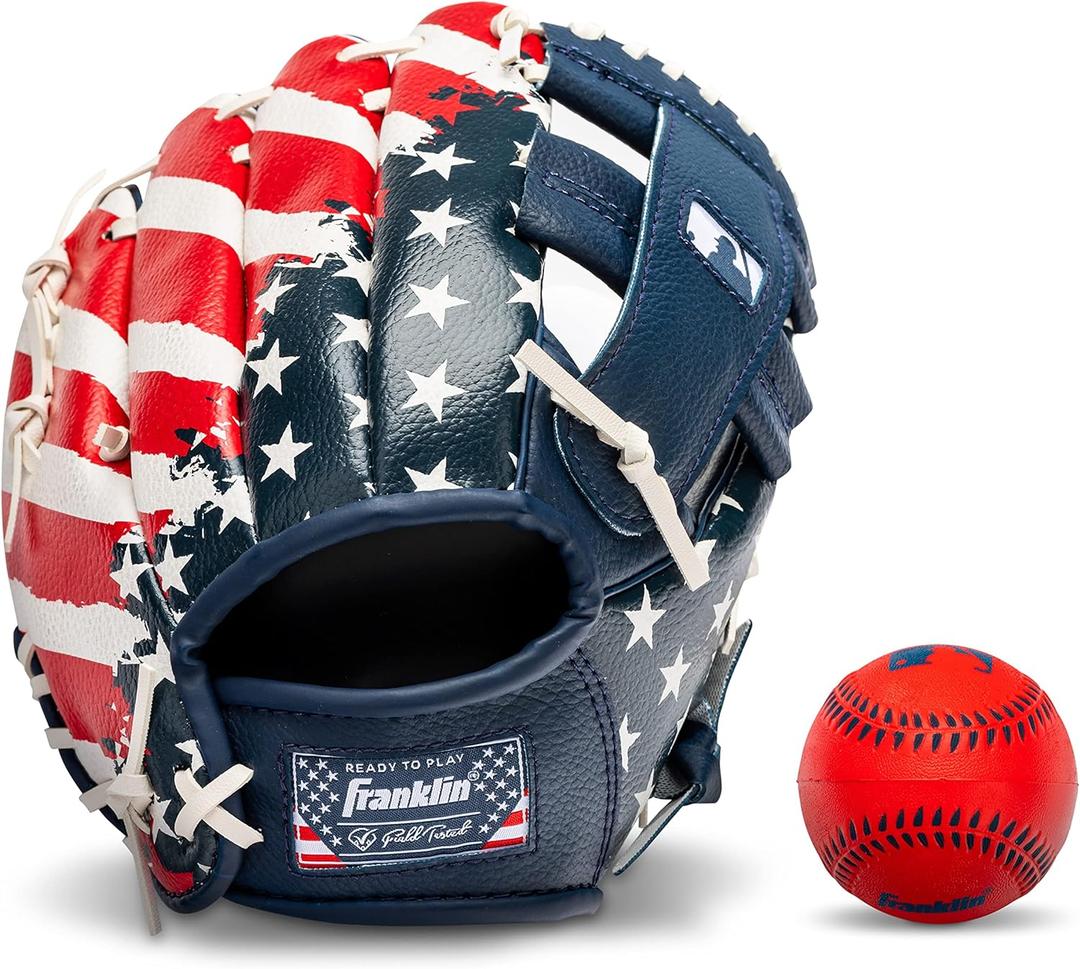 Franklin Sports Kids Baseball Gloves - RTP Youth Teeball Glove + Ball Set - Boys + Girls Teeball Mitt Set - Kids + Toddlers - 9.5" (Red/White/Blue)