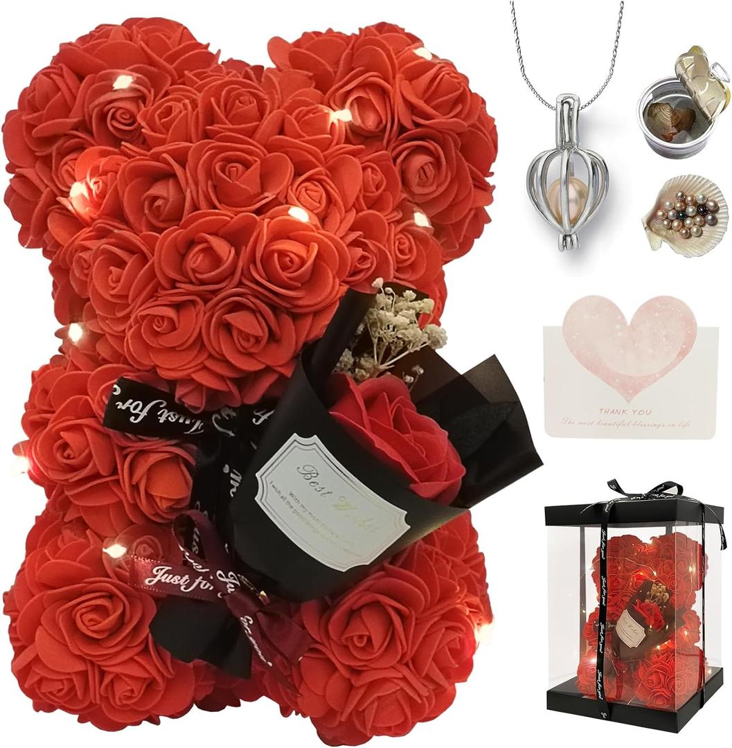 Romantic Valentines Day Gift for Her, Artificial Flowers Bouquet Necklace Rose Teddy Bear with Real Pearl Blind Box Birthday Gift, Valentiness Day Gift for Monther Wife Girl (Red)