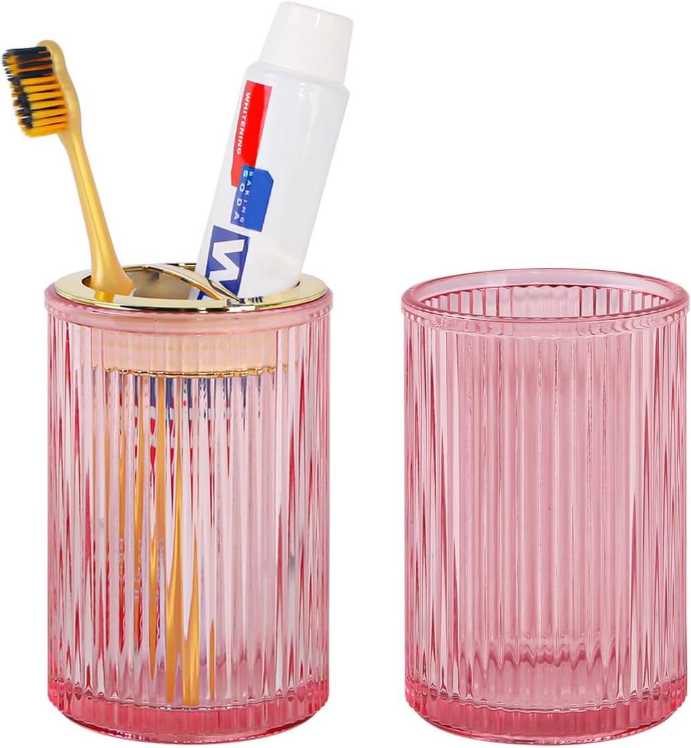 Pink Toothbrush Holders for Bathrooms, 2pcs Glass Toothbrush Holder, 12oz Gold Bathroom Tumbler Cup and Mouthwash Cup, Tooth Brush Cups and Toothpaste Organizer for Bathroom Countertop Decor