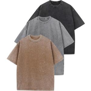 Yimoon 3 Pack Men Oversized T Shirts Heavy Cotton Vintage Baggy Tee Casual Loose Short Sleeve Acid Wash Unisex Tops(Blackgreykhaki-M), Medium