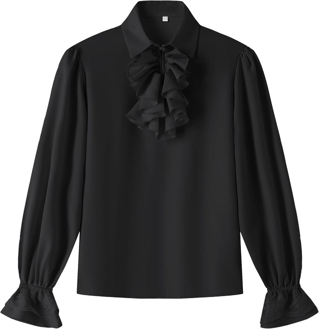 Boys Kids Medieval Pirate Shirt Vampire Costume Renaissance Victorian Scottish Jacobite Ghillie Halloween Tops (6-8 Years, Black)