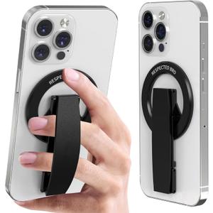 Magnetic-Phone-Grip-Stand, Magnetic Phone Ring Holder Kickstand with Silicone Finger Strap, Compatibility for iPhones, Androids, and More (Black)