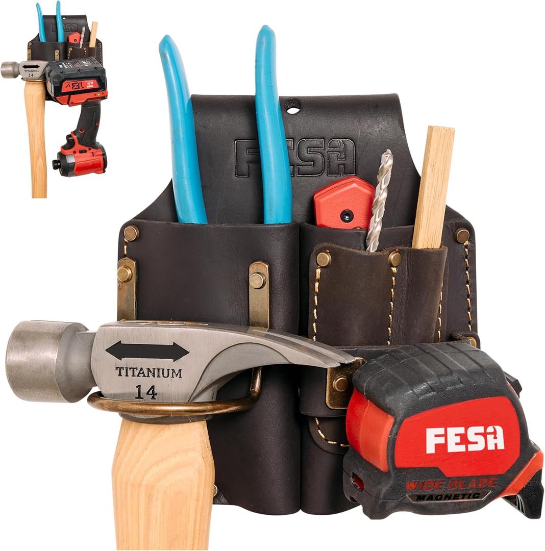 FESA Durable Leather Pliers Holster - Leather Double Plier Holder for Belt with Steel Hammer Holder, Tape Clip & 2 Carpenter's Pencil Pockets - Clip On Any Belt - Handcrafted (Brown)
