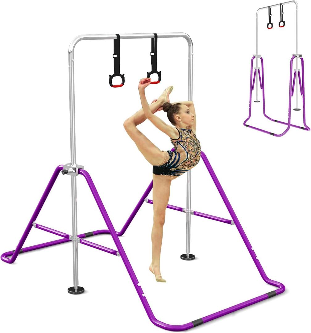 Gymnastics Bar for Kids with Gymnastics Rings, Height Adjustable Gymnastics Horizontal Bar, Foldable Bar Gymnastics Equipment for Home Room Indoor Outdoor Gym Practics, Gymnastic Bar (Purple)
