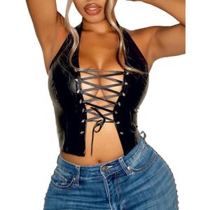 xxxiticat Women's Halter PU Leather Crop Top Lace Up Bandage Criss Cross Eyelet Cropped Faux Leather Tank Camisole Shirt (Black)