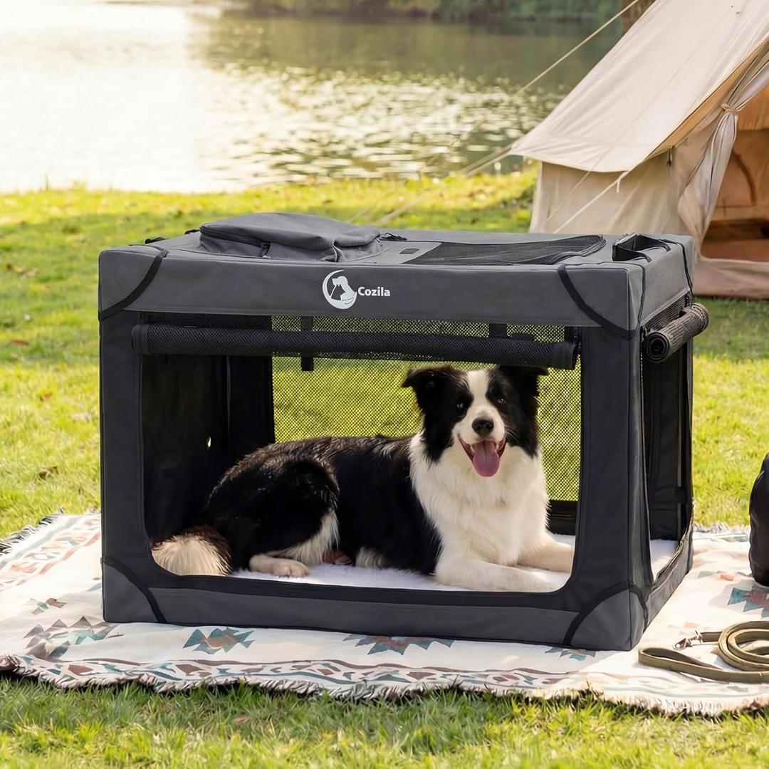 Portable Collapsible Dog Crate for Medium Dogs, 4 Mesh Doors & 2 Storage Bags, Indoor Outdoor Travel Dog Kennel, BlackGrey, 30" x 21" x 21"