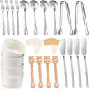 Charcuterie Board Accessories Utensils Cheese Butter Spreader Knives Set Include Serving Tongs, Knives, Spoons, Forks, Toothpick Flags, Honey Dippers, Bowl for Christmas Pastry Making (Silver)