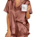 Ekouaer Womens Satin Pajamas Set Button Down 2 Piece Silk Pjs Shorts Set Ruffle Lingerie Notch Collar Sleepwear Brown XL