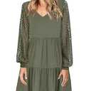 ANRABESS Dresses for Women Casual Lace Long Sleeve V Neck Tiered Swing Flowy Loose A-line Mini Short 2025 Fall Vacation Dress Medium Army Green