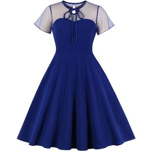 Women's Vintage Illusion Polka Dot Embroidery Keyhole Tie 1950s A-line Cocktail Dress 50s 60s Retro Summer Evening Party Wedding Formal Prom Dance Swing Dresses Royal Blue XXXX-Large