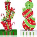 Amyhill 2 Pcs Christmas Table Decorations 5.9 Inch Wooden Xmas Centerpieces Red Green Gifts Box and Ball Ornaments Shape Christmas Signs Tabletop with Bells for Table Shelf Fireplace Holiday