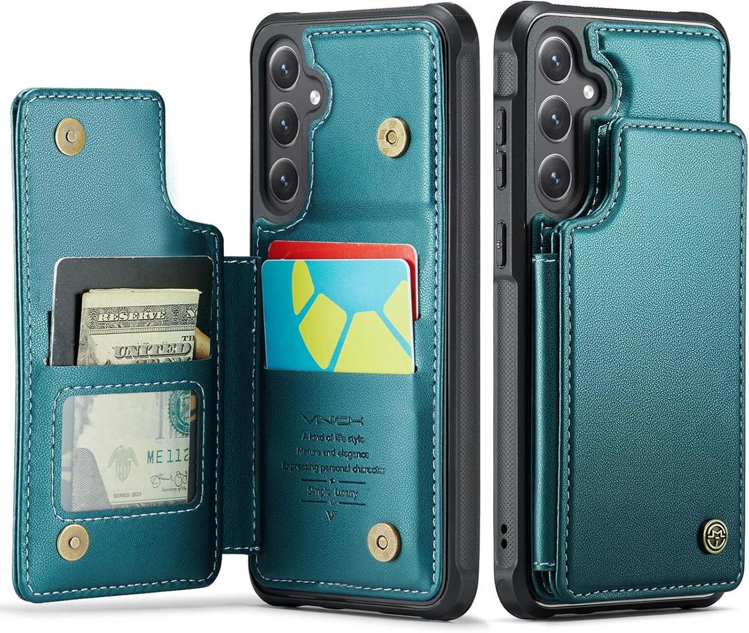Vinich for Samsung Galaxy S24 Wallet Case with Card Holder, RFID Blocking Credit Slots Kickstand Shockproof Phone Cover Fit for Galaxy S24 6.2" Bluish Green