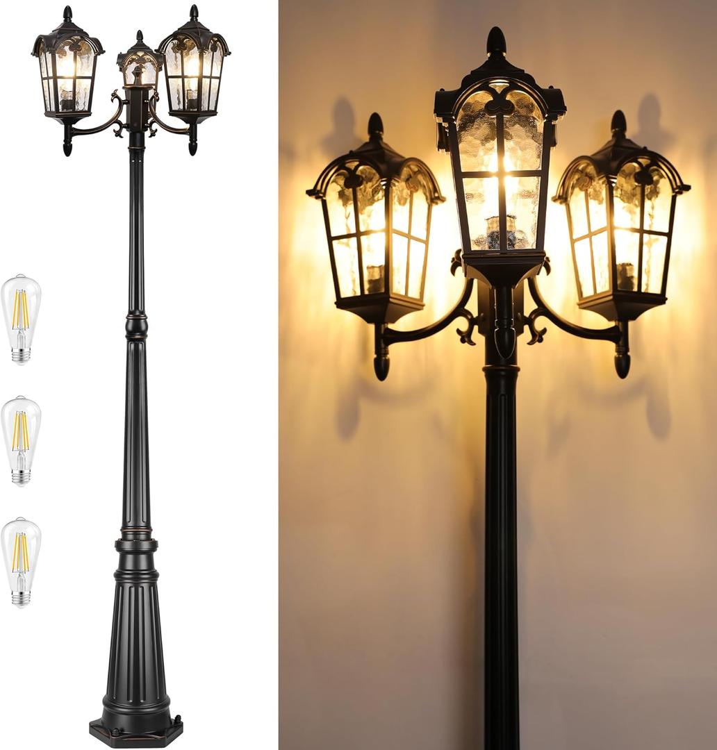 PARTPHONER Black Roman Outdoor Lamp Post, Triple Head Aluminum Street Light Post for Outside, Waterproof Pole Lighting Fixture with Water Glass for Backyard Garden Patio Driveway