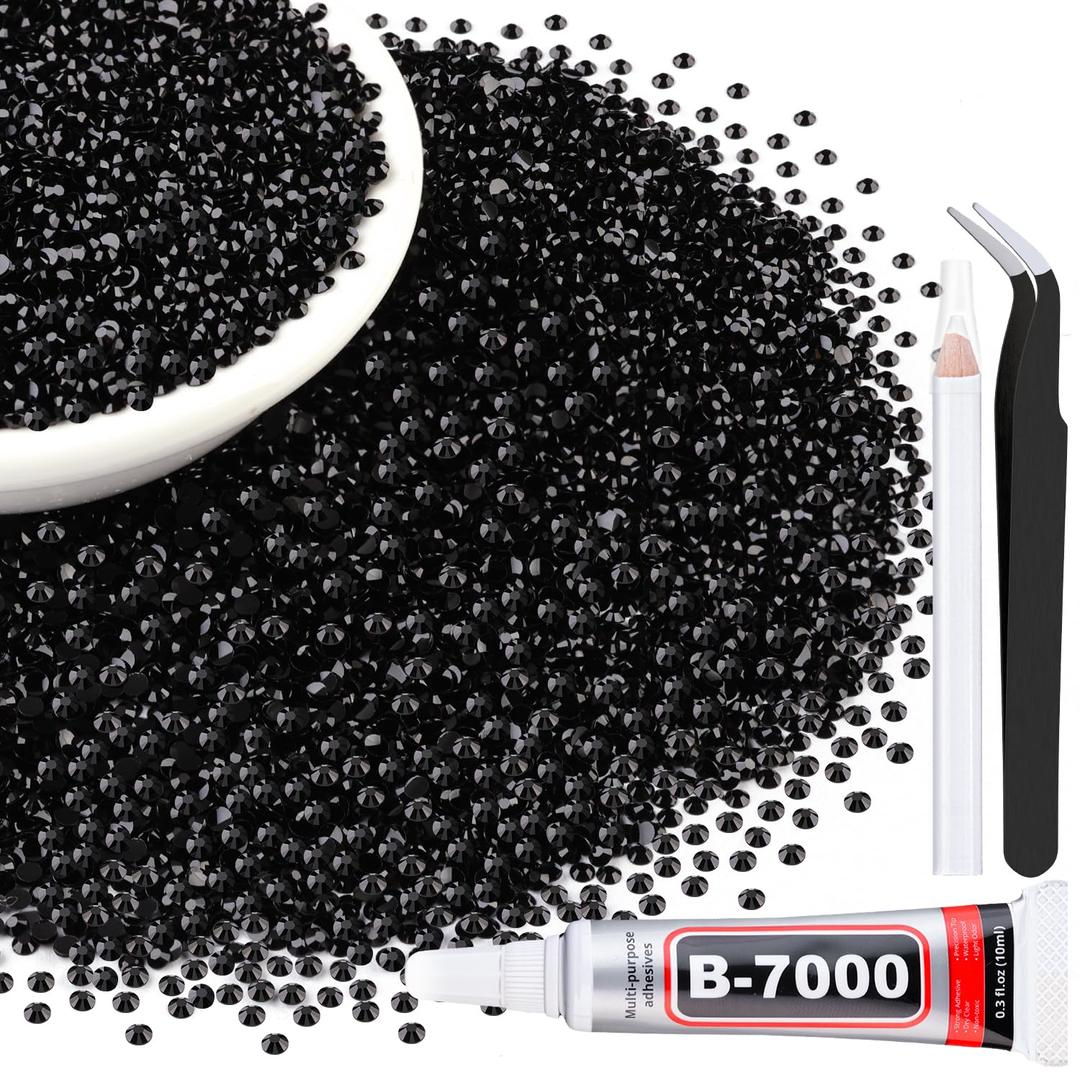 6000Pcs 3mm Resin Jelly Black Rhinestones with 1Pcs 10ml B7000 Jewelry Glue for Crafting, Flatback Gems, Bedazzling Crystal Bulk for DIY Crafts Clothing Tumblers Shoes Nail Art Fabric