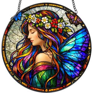 Fairy Butterfly Stained Glass Suncatcher, 8 Inch | Stained glass window hanging for indoor decor, Gift for family, friends, faith or nature lovers