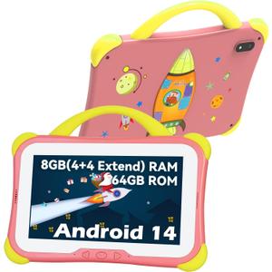 Weelikeit Kids Tablet 7 Inch Tablets for Kids 3-10, 8GB(4+4 Extend) RAM 64GB ROM Toddler Tablet Android 14 with Dual Camera, Parental Control, Solid Case, WiFi, YouTube, Learning App Installed(Pink) (Orange)