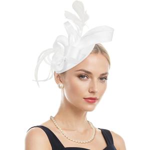 American Trends Fascinators for Women, Derby Tea Party Wedding Church Feather Hat with Headband & Hair Clip (White)