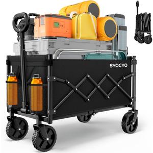 Collapsible Wagon Cart 220lbs Beach Foldable Wagon Lightweight & Portable Folding Utility Grocery Shopping Carts with Wheels for Shopping Garden and Sports (Black)