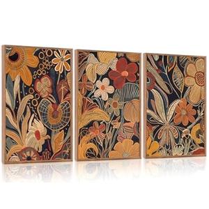 Aurlan Burnt Orange Wildflowers Botanical Wall Art Set(16"x24"), 3 Pieces Abstract Floral Blossom Framed Canvas Artwork, Large Mid Century Modern Boho Nature Wall Decor for Office Bedroom Living Room