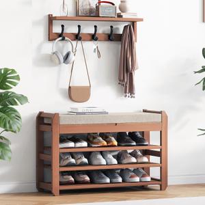 27.6" Bamboo Shoe Bench with Cushion, 5 Hooks Coat Rack, 3-Tier Adjustable Storage Bench for Entryway, Heavy Duty Shoe Rack Organizer with Removable Soft Cushion for Living Room Bedroom Hallway