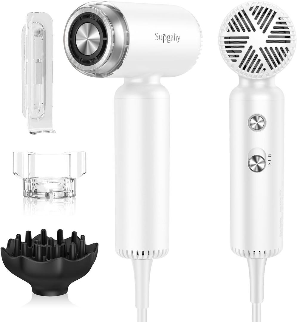 Hair Dryer - Mini HairDryer, Ionic High-Speed Motor for Fast Drying, Portable Lightweight Blow Dryer, Quiet Blowdryer with Magnetic Curly Diffuser & Concentrator for Home Travel ONLY 110V (White Matte 110v)