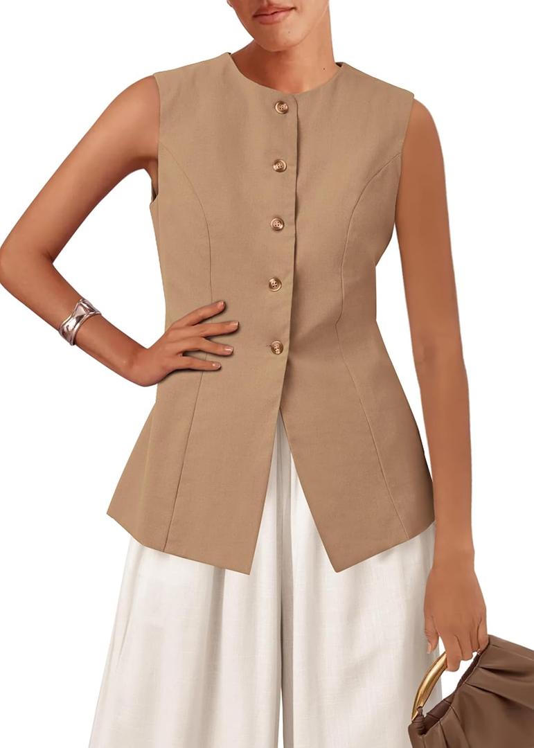 KIRUNDO Blazer Vest for Women Trendy 2025 Dressy Business Casual Summer Button Down Sleeveless Work Suit Waistcoat Tops (Medium, Khaki)