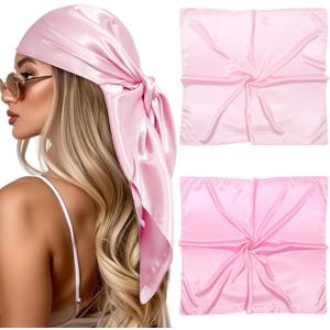 CHLINS 35 Large Head Scarf for Women Satin Head Scarf 2Pcs Square Silk Like Hair Scarf Bandanas Hair Wrapping (Pink+light Rose)