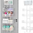 Hongtamoya Adjustable Over The Door Organizer, Hanging Door Storage with PVC Pocket and 4 Metal Baskets Wall Mount, Closet Door Organizer Behind Door Rack for Bathroom Bedroom Closet, White