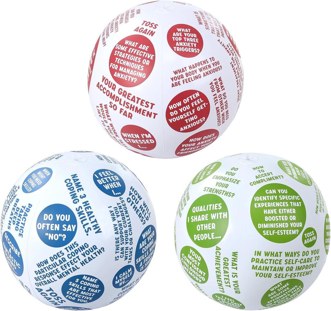 WinnerWhy 3 Pcs Coping Skills Balls 24 Inch How to Cope with Anxiety Depression Build Self Esteem for Adult Fun Group Therapy Games Activity for Teaching Learning Counseling Tool Beachball Inflatable