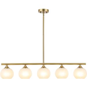 BYOLIIMA Modern Brushed Brass Linear Chandelier Over Table Frosted Striped Glass Shade Gold Mid Century Sputnik Globe Pendant Light Farmhouse Ceiling Hanging Light Fixture Dining Room Kitchen Island