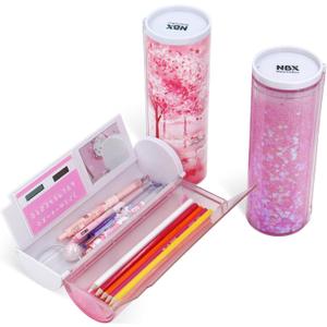 Pencil Case with Quicksand, Calculator, Mirror, Translucent Pen Box Pouch, Cute Desk Organizer, Standing cylinder Shape for Girls, Boys, Kids, School Supplies(No Lock,Sakura Forest)