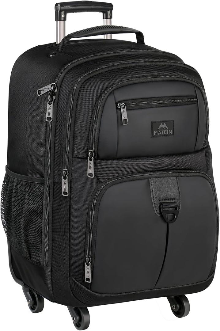 MATEIN Rolling Backpack with 4 Wheels, 17 inch Roller Travel Laptop Backpack for Women Men, Large Water Resistant Business Wheeled Bag, Airline Approved Carry on Luggage Suitcase Bag, Black (17 inch, Black)