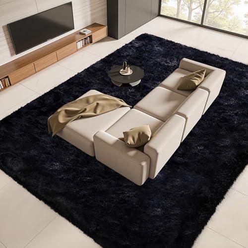 FinRèc 9x13 Feet Black Rugs for Living Room Bedroom, Fluffy Shaggy Area Rug, Non-Slip Soft Shag Rug for Nursery Kids Room Dorm Room Home Decor, Indoor Plush Floor Carpet